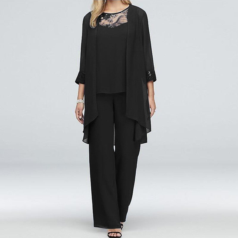 Women's flowing chiffon evening ensemble with lace trim, kimono cardigan and wide palazzo pants Mune Fashion