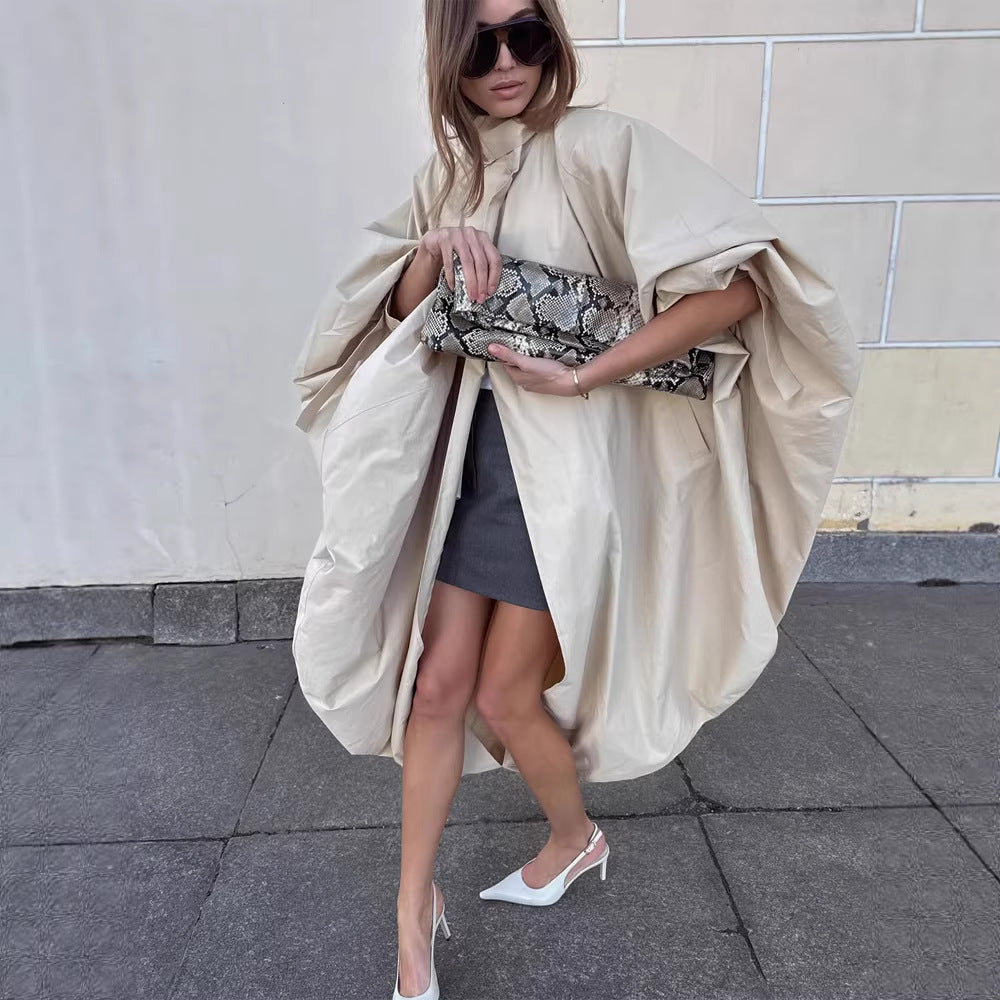 Women's Oversize Cape Coat with Stand-up Collar and Balloon-shaped Silhouette Mune Fashion