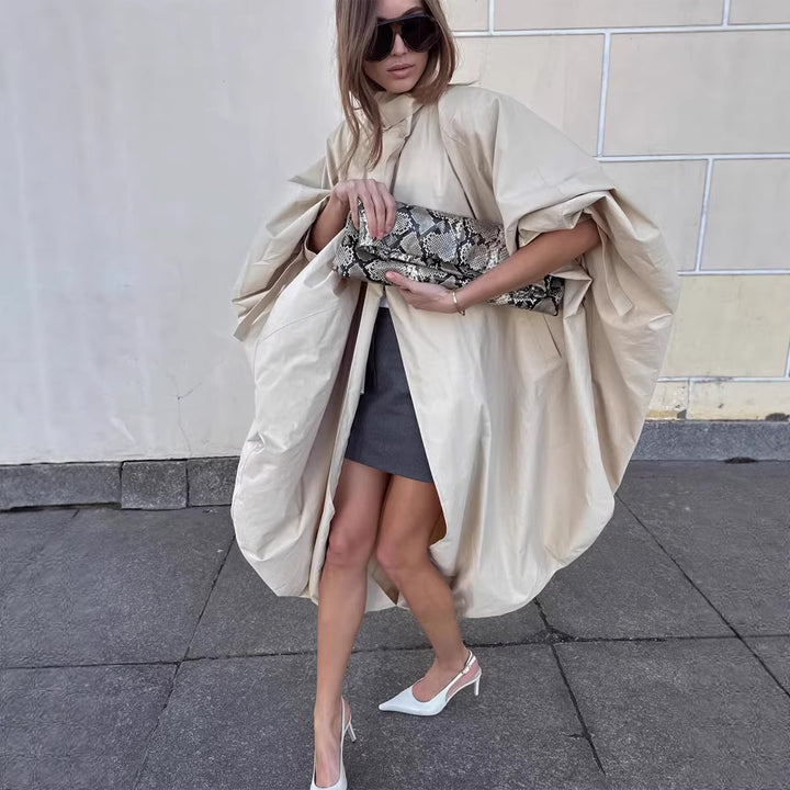 Women's Oversize Cape Coat with Stand-up Collar and Balloon-shaped Silhouette Mune Fashion