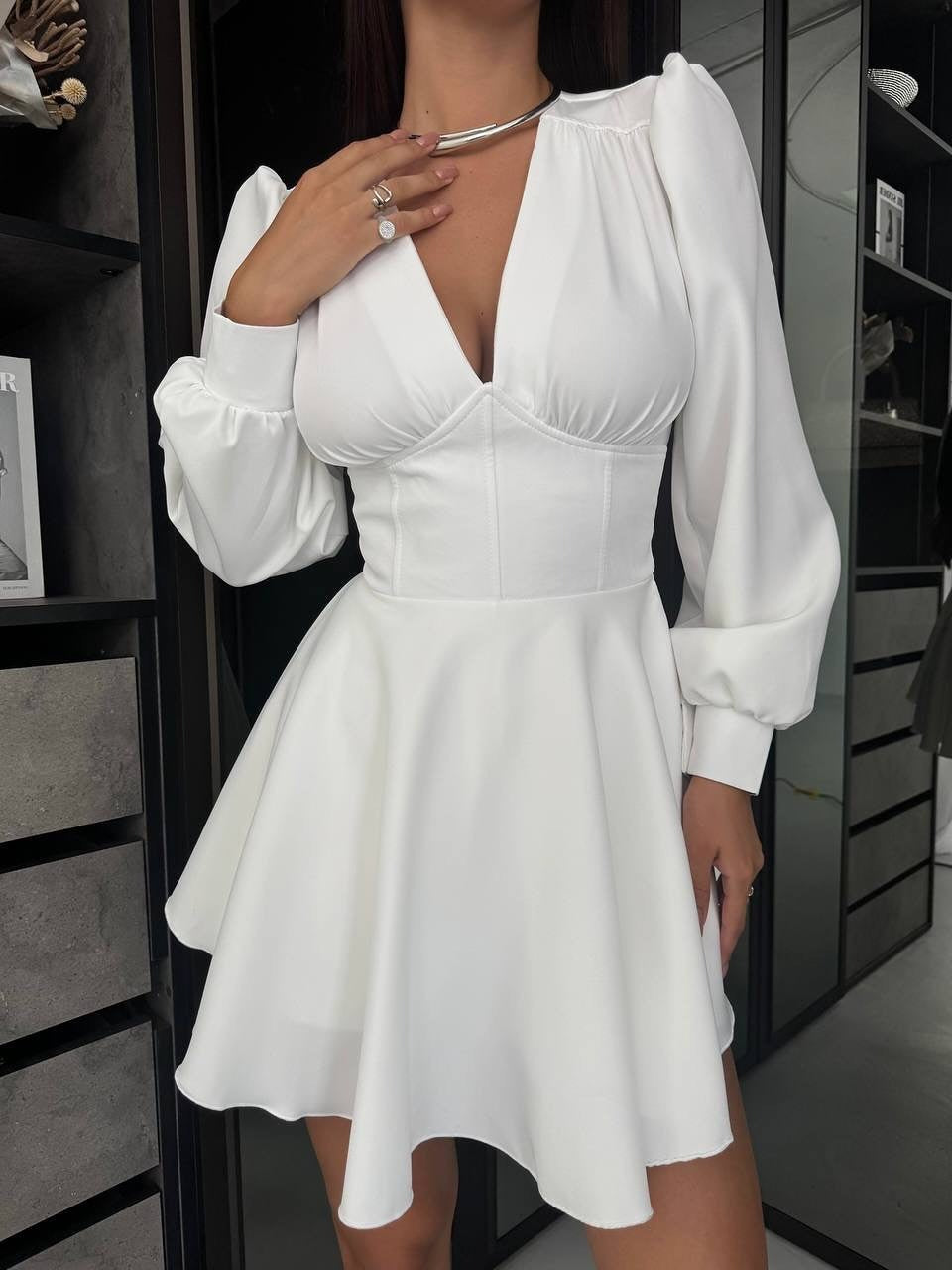Women's Corset Detail Mini Dress with Puff Sleeves and Flared Skirt Mune Fashion
