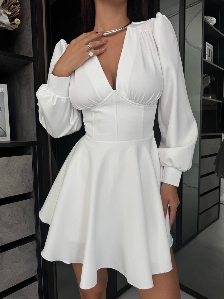 Women's Corset Detail Mini Dress with Puff Sleeves and Flared Skirt Mune Fashion