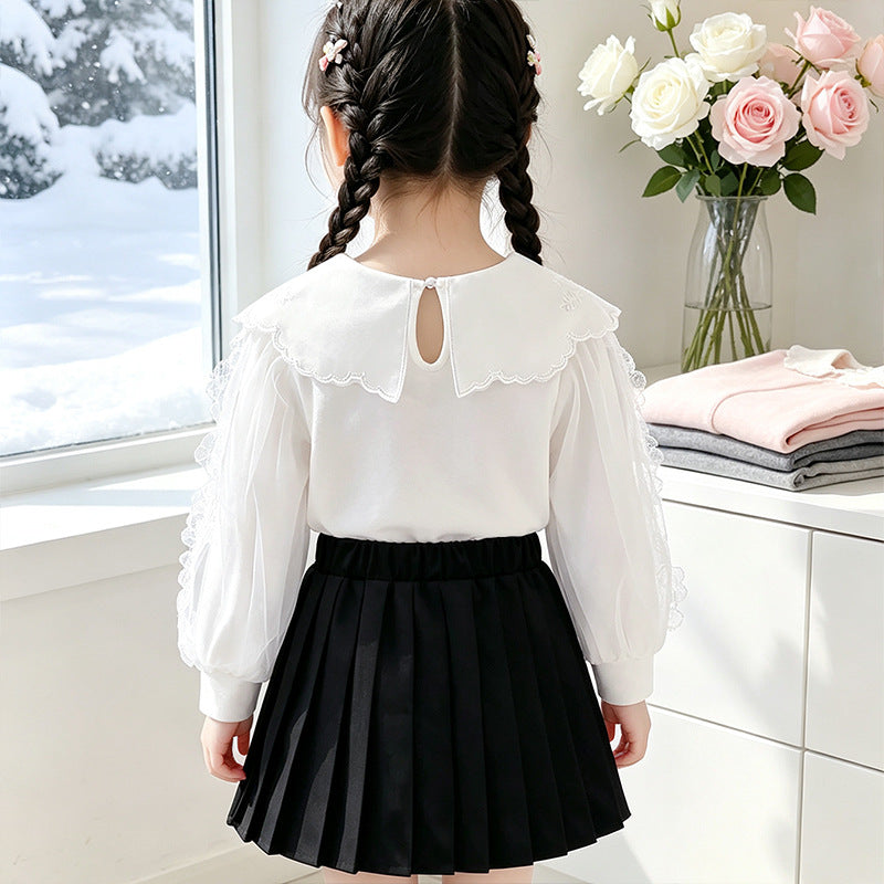 Girls elegant blouse with decorated back opening and tulle sleeves Mune Fashion