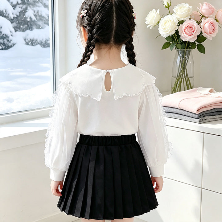 Girls elegant blouse with decorated back opening and tulle sleeves Mune Fashion