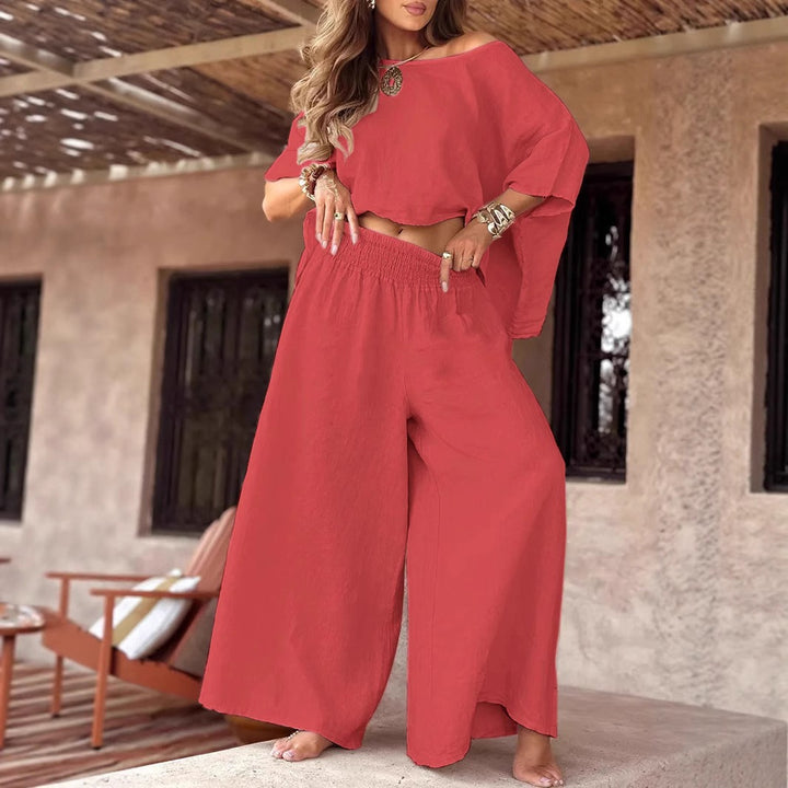 Women's Lightweight Linen Two-Piece with Cropped Oversized Top and Smocked Waist Palazzo Pants Mune Fashion