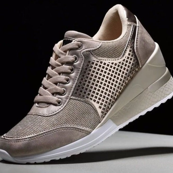Women's casual wedge sneakers with discreet lift, breathable diamond mesh and suede applications Mune Fashion