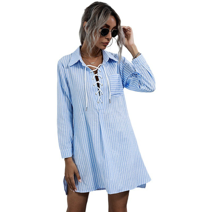 Women Casual Shirt Dress with Lacing Mune Fashion