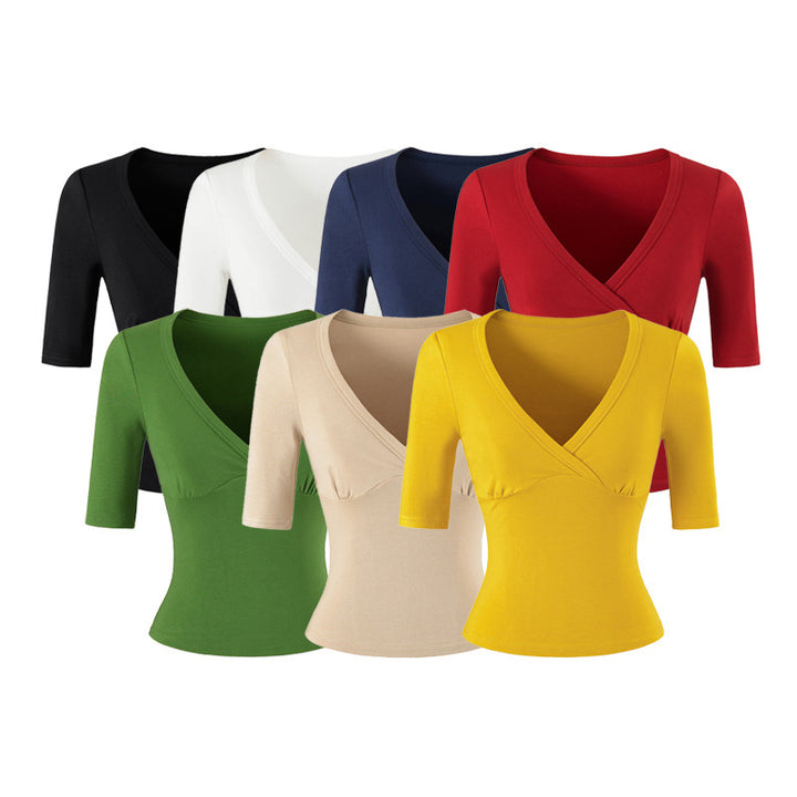 Women's body-hugging wrap shirt with deep V-neck, three-quarter sleeves, and waist accentuation Mune Fashion