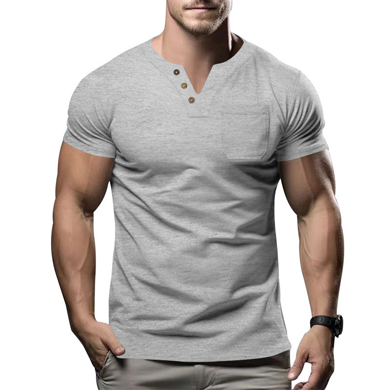 Men's body-hugging cotton stretch short-sleeve shirt with split V-neck, decorative button placket, and chest pocket Mune Fashion