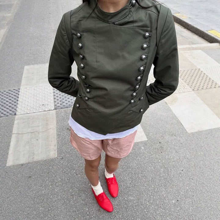 Women's Military-Inspired Short Jacket with Stand-Up Collar and Decorative Button Placket Mune Fashion