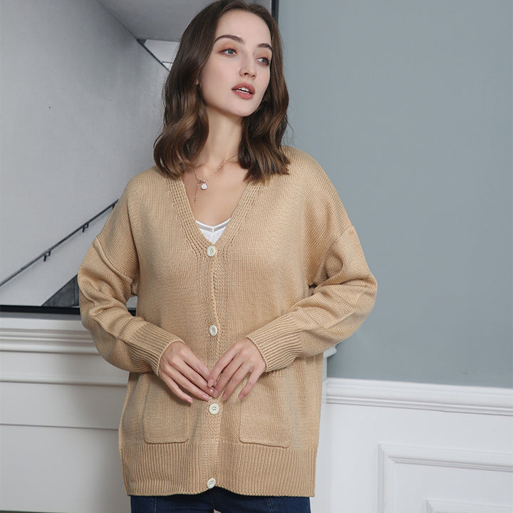 Women Fine Oversize Knit Cardigan with V-Neck, Button Placket and Patch Pockets Mune Fashion
