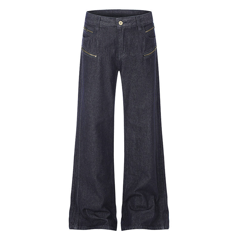 Women's Wide Denim Palazzo Jeans with High Waist and Decorative Zipper Pockets Mune Fashion