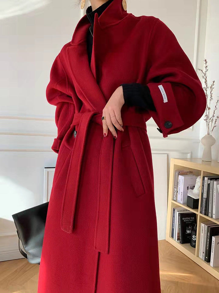 Women's Long Wool Blend Coat with Tie Belt and Balloon Sleeves Mune Fashion