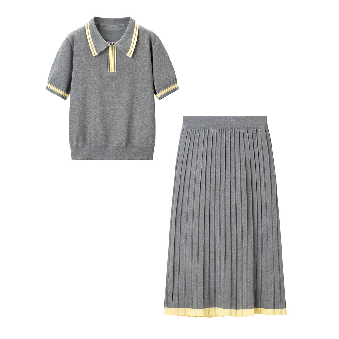 Women's two-piece knitted set with polo shirt and pleated midi skirt Mune Fashion
