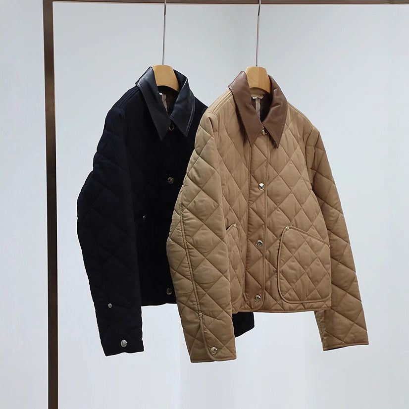 Women's quilted jacket with contrasting faux leather collar and boxy cut Mune Fashion