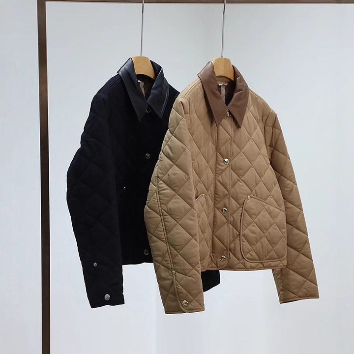 Women's quilted jacket with high-quality leather collar Mune Fashion