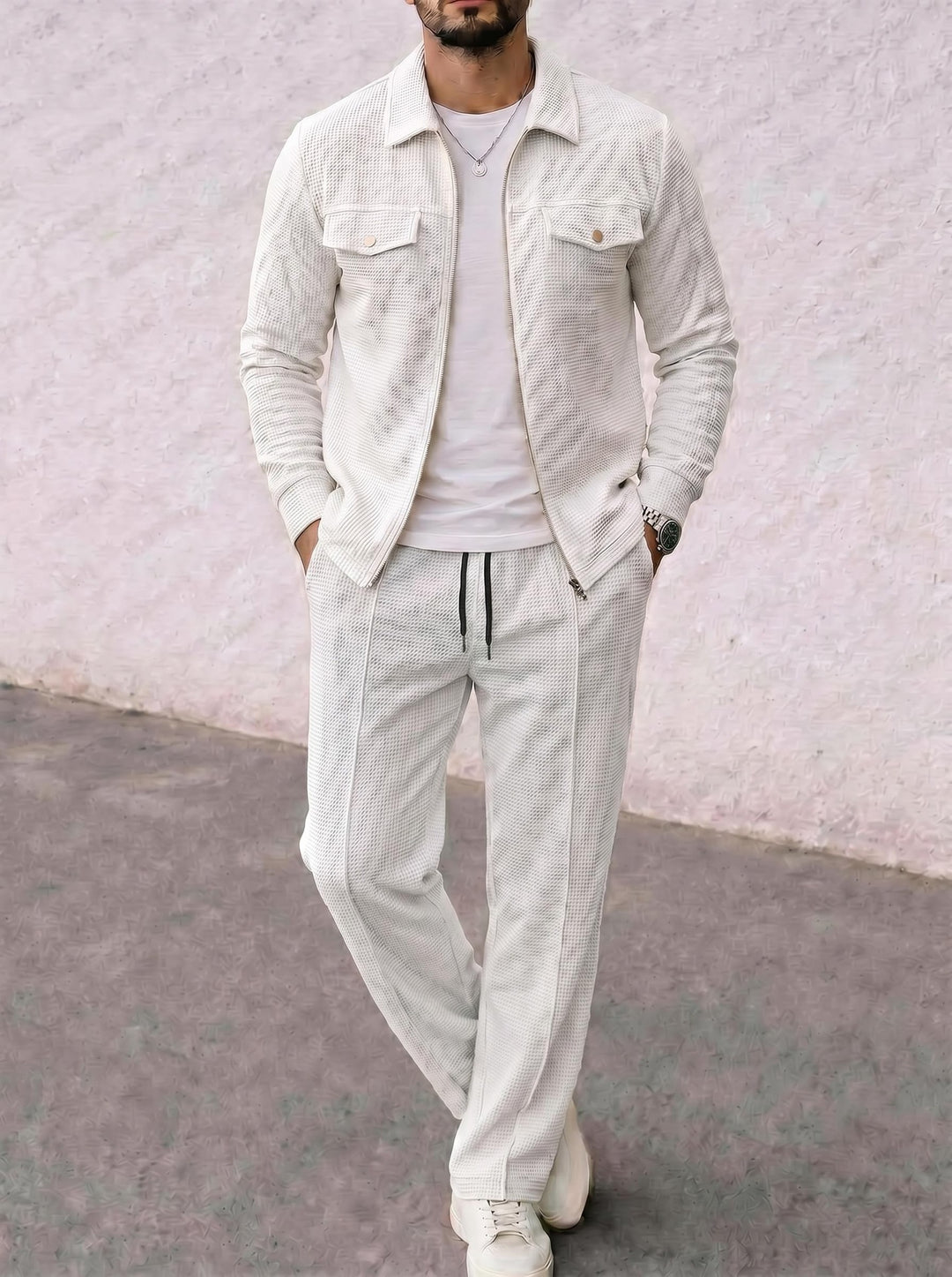 Men's structured zip jacket with waffle texture chest flap pockets and full-length zipper Mune Fashion