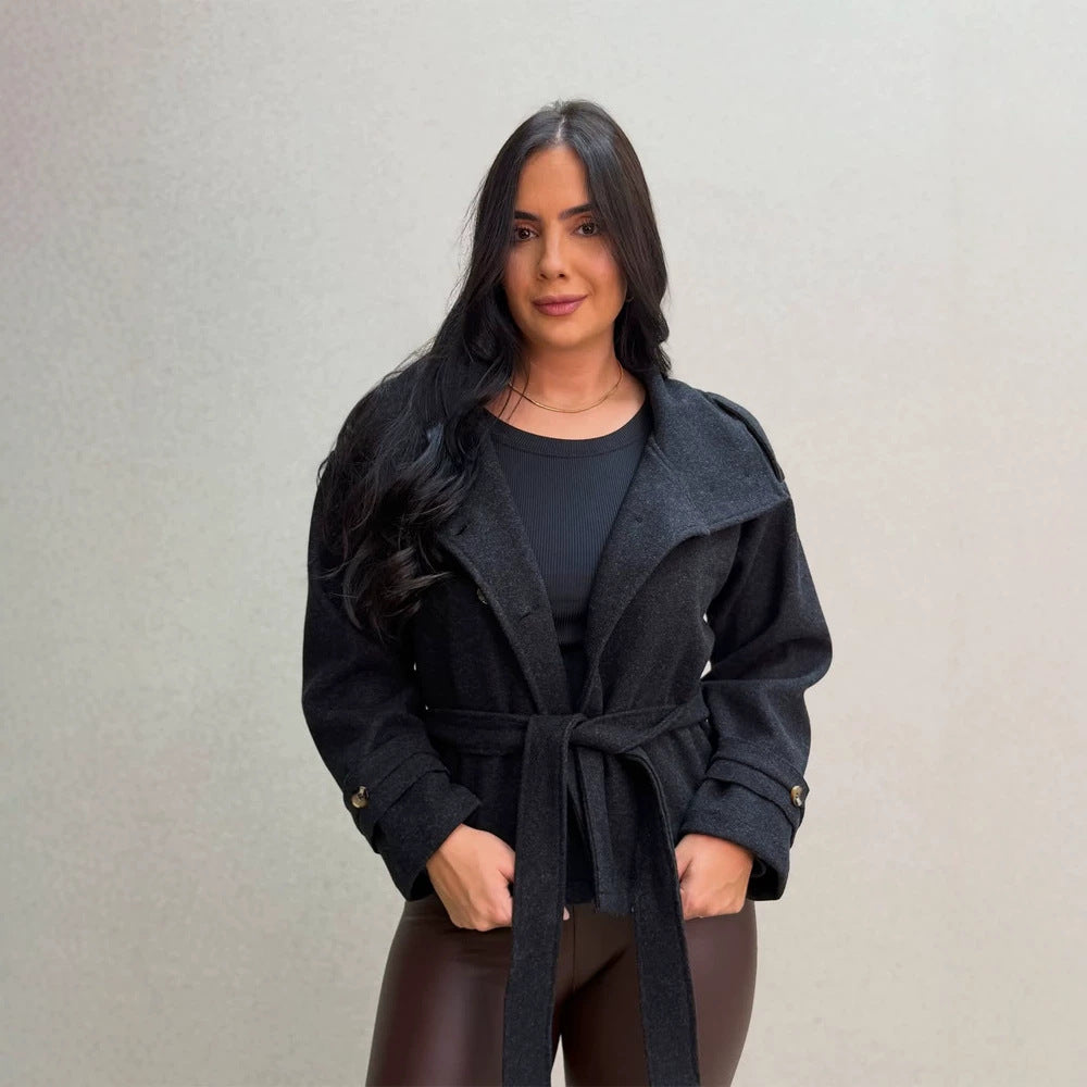 Women Short Double-Breasted Coat with Stand Collar and Tied Belt Mune Fashion