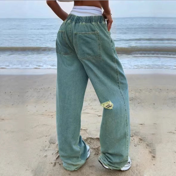 Women's Wide Vintage Denim Pants with Elastic Drawstring Waist and Floor-Length Baggy Cut Mune Fashion