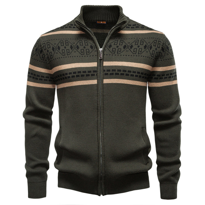 Men's knitted jacket with full zipper, stand-up collar and Nordic geometric intarsia pattern Mune Fashion