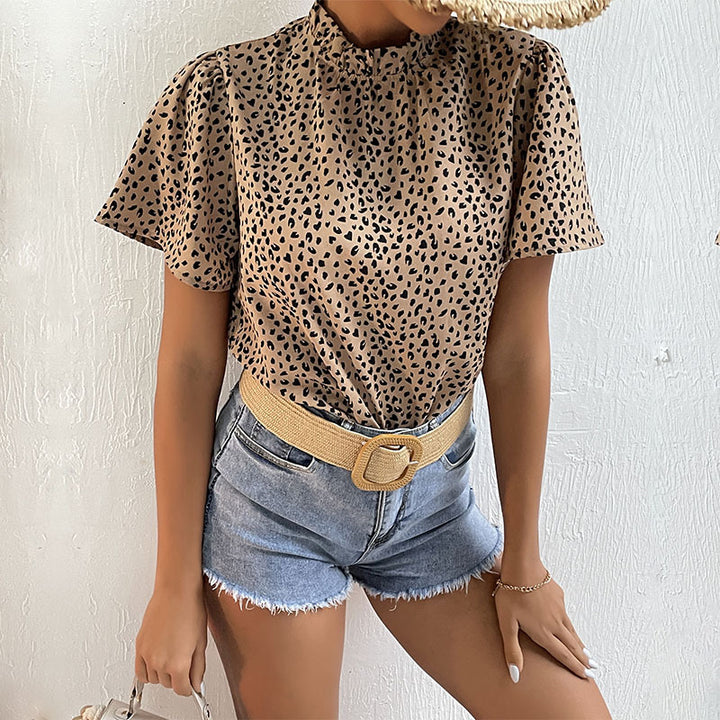 Women Elegant Short Sleeve Blouse with Leopard Print Mune Fashion