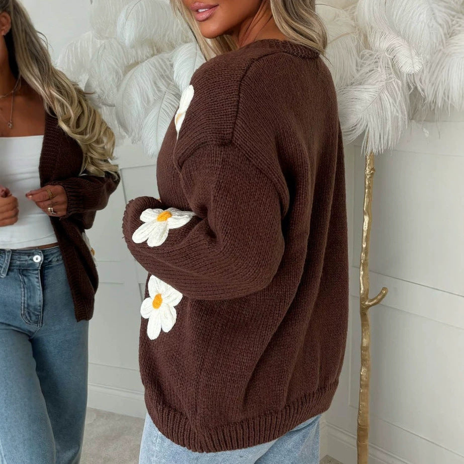 Women’s Oversize Knit Cardigan with 3D Flower Appliqués and Ribbed Hem Mune Fashion