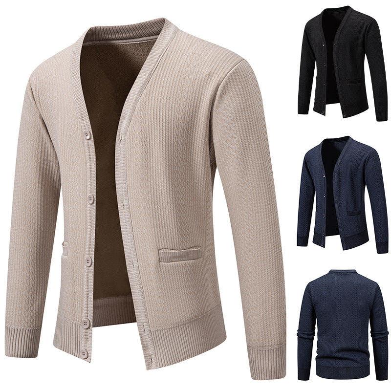 Men's Textured V-Neck Knit Cardigan with Button Placket and Pockets Mune Fashion