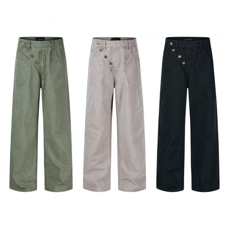 Women's wide high-waist pants with asymmetric button placket and patch pockets Mune Fashion