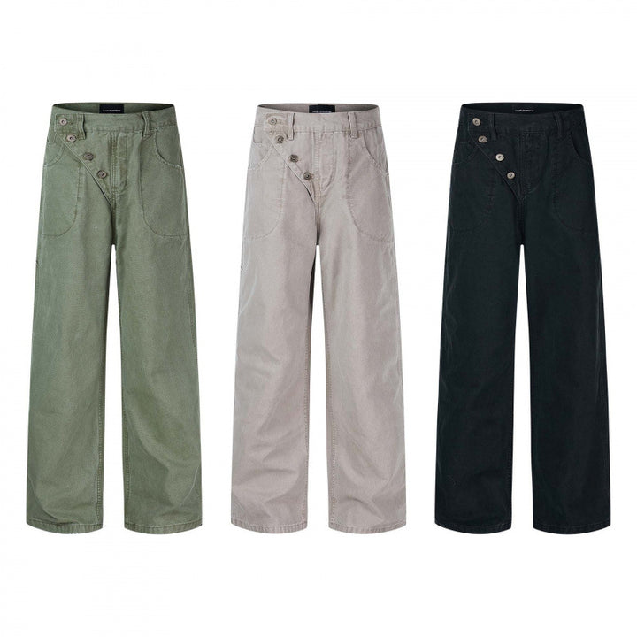 Women's wide high-waist pants with asymmetric button placket and patch pockets Mune Fashion