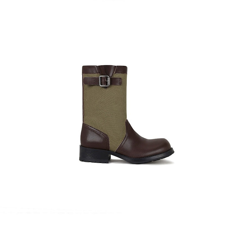 Women Leather-Linen Mid-Calf Boots with Buckle Straps Mune Fashion