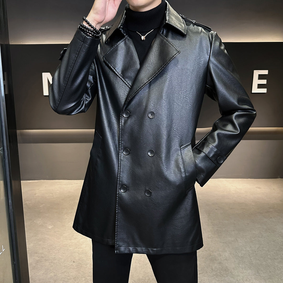 Men's Double-Breasted Faux Leather Trench Coat with Lapel Collar and Epaulettes Mune Fashion