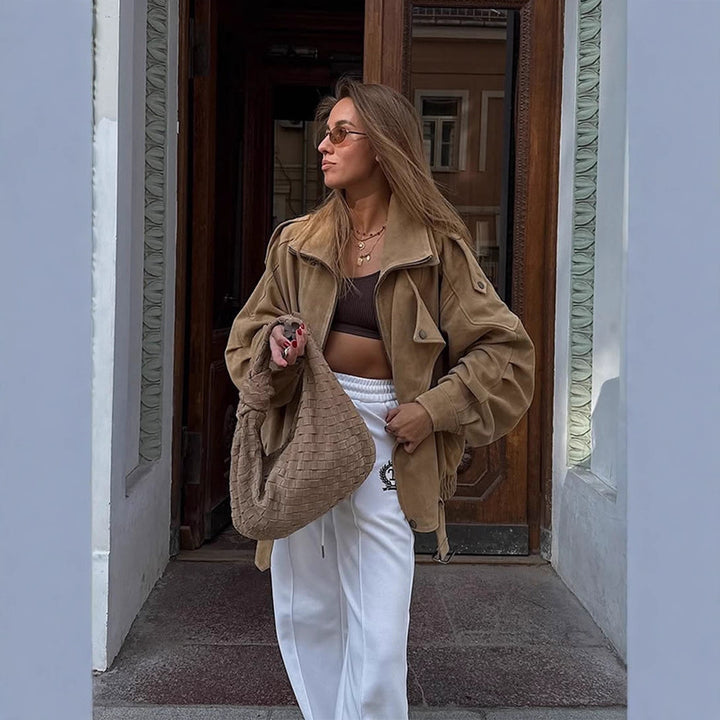 Women's Oversized Suede Leather Bomber Jacket with Epaulettes and Adjustable Waist Mune Fashion