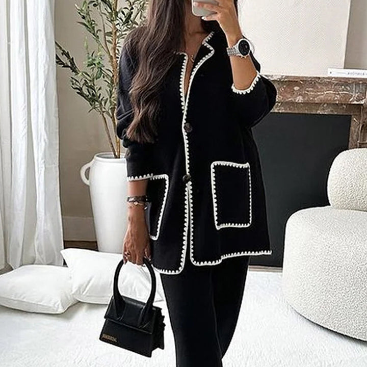 Women's longline knit set with contrast-trimmed cardigan and wide palazzo pants Mune Fashion