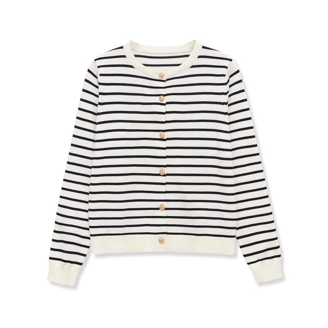 Women's Maritime Fine Knit Cardigan with Decorative Button Placket and Round Neckline Mune Fashion