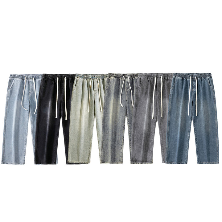 Men's Wide Denim Jogging Pants with Elastic Waistband and Long Drawstrings Mune Fashion