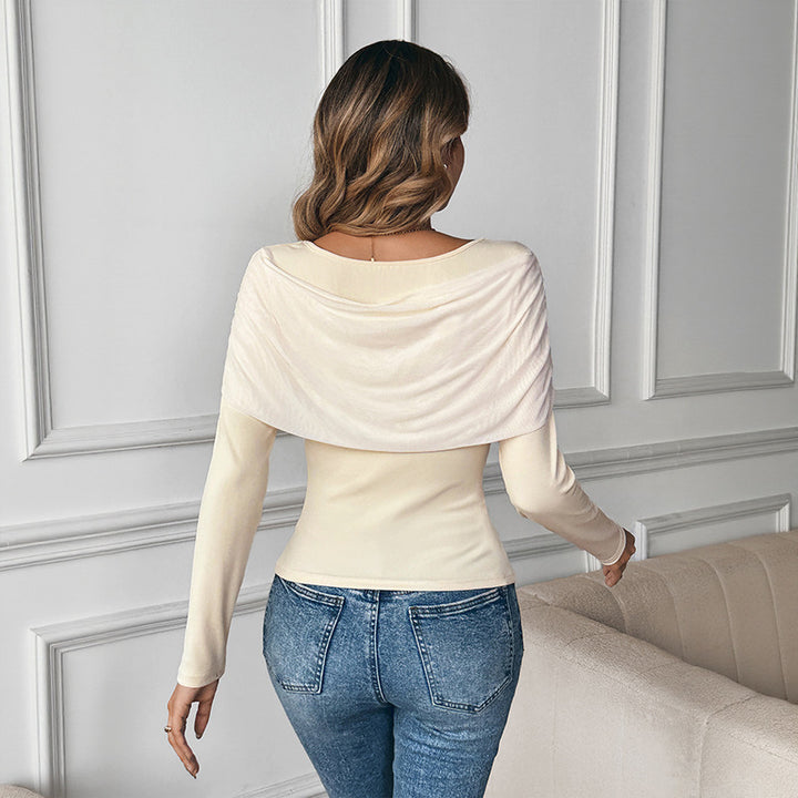Women's Long Sleeve Top with Asymmetrical Capelet and Knot Draping Mune Fashion