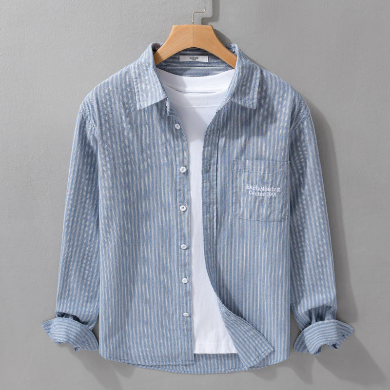 Men's Lightweight Cotton-Linen Relaxed Shirt with Fine Pinstripes, Patch Pocket and Rounded Hem Mune Fashion