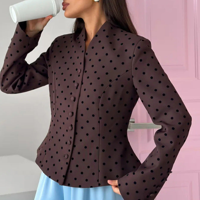 Women's Tailored Stand Collar Blazer with Polka Dot Pattern and Concealed Button Placket Mune Fashion