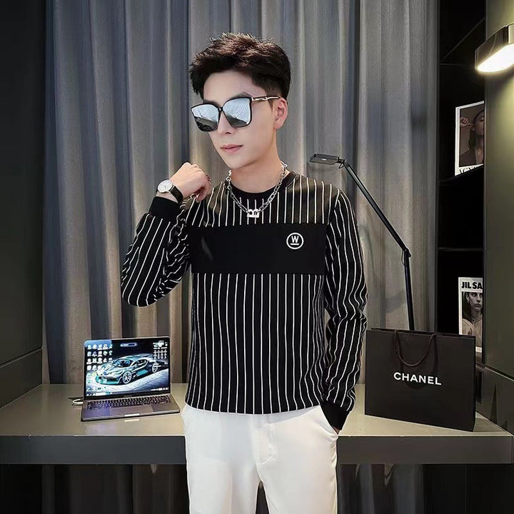 Men Striped Long Sleeve Shirt with Chest Yoke and Round Neckline Mune Fashion