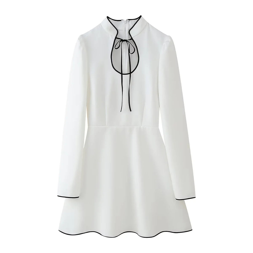 Women's fitted A-line dress with stand collar, bow detail and contrast piping Mune Fashion
