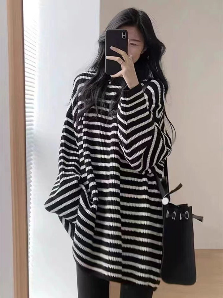 Women Oversize Knit Long Pullover with Horizontal Stripe Structure Mune Fashion