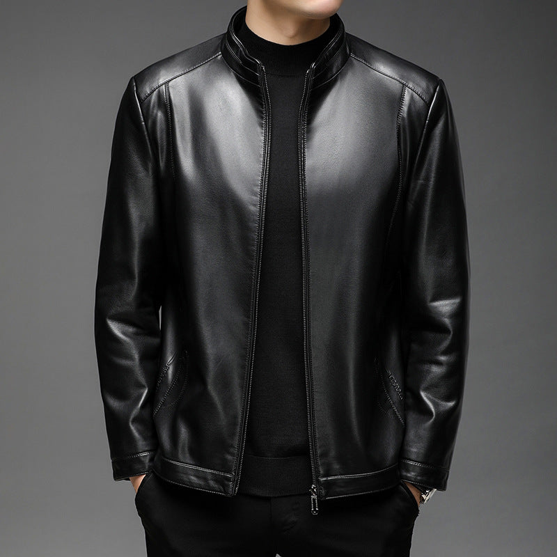 Men's Minimalistic Leather Look Transitional Jacket with Stand Collar and Two-Way Zipper Mune Fashion