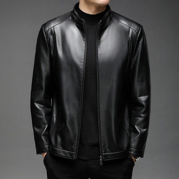 Men's Minimalistic Leather Look Transitional Jacket with Stand Collar and Two-Way Zipper Mune Fashion