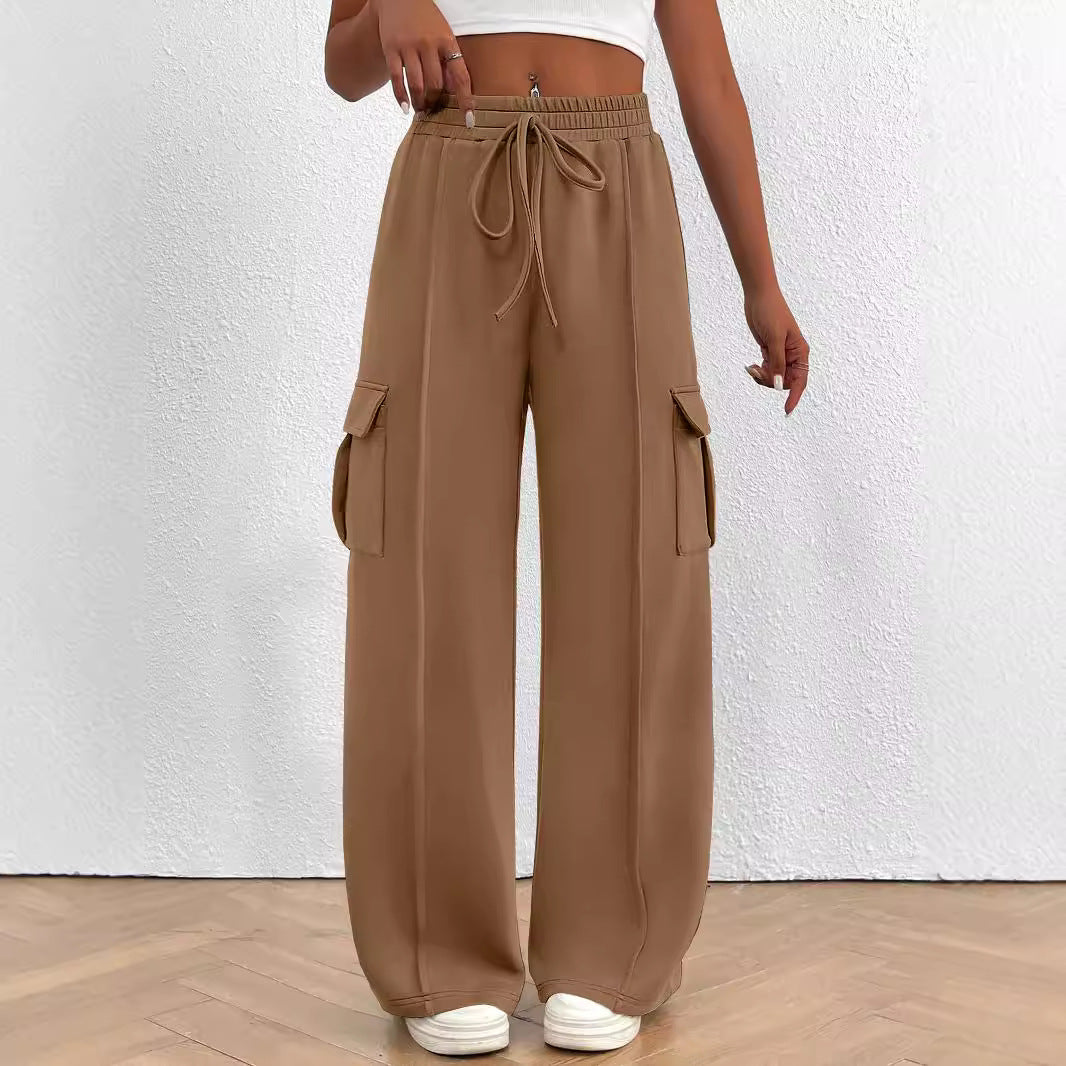 Women Wide Cargo Lounge Pants with Drawstring Waist and Flap Pockets Mune Fashion