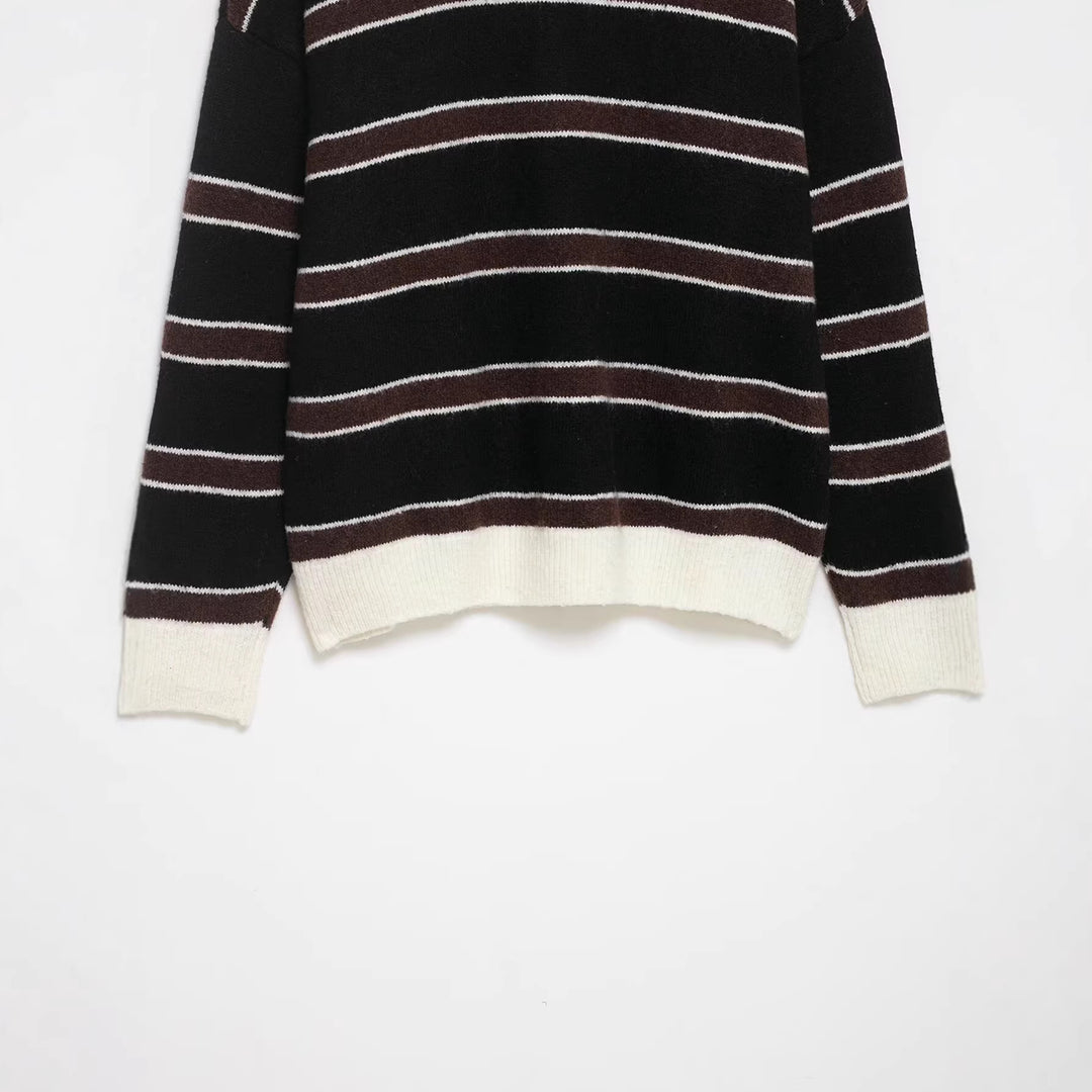 Ladies Striped Polo Collar Sweater made of soft textured knit with button placket Mune Fashion
