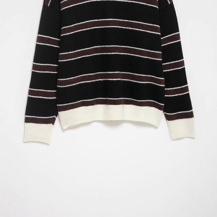 Ladies Striped Polo Collar Sweater made of soft textured knit with button placket Mune Fashion