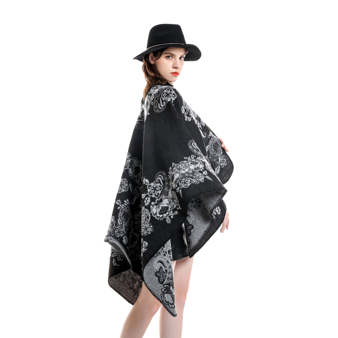 Women's Reversible Knit Cloak with Floral Jacquard Weave and Decorative Chain Stitching