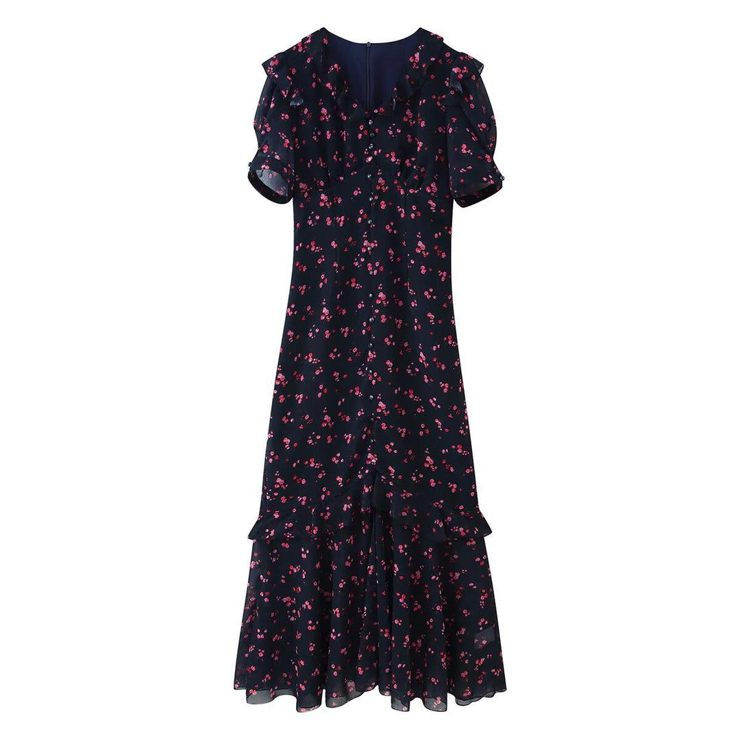 Women’s maxi dress with ruffles, V-neck and floral chiffon look Mune Fashion