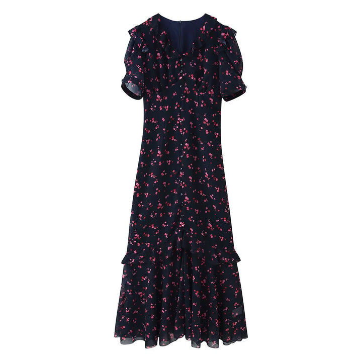 Women’s maxi dress with ruffles, V-neck and floral chiffon look Mune Fashion