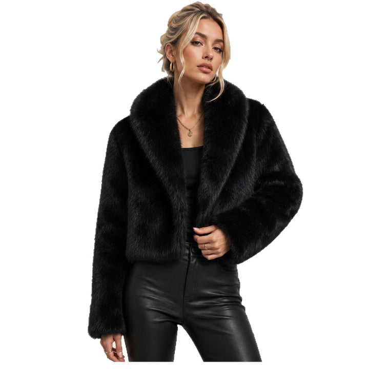 Ladies Cropped Faux Fur Short Jacket with Extra Voluminous Shawl Collar Mune Fashion