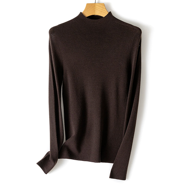 Women Fine Fine Knit Long Sleeve Sweater with Short Stand-Up Collar and Slim-Fit Mune Fashion